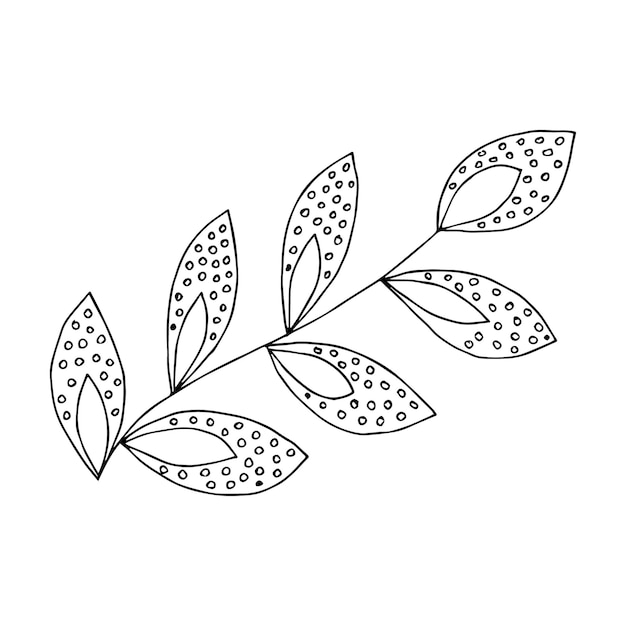 Fantasy whimsical twig with leaves hand drawn doodle element coloring book for kids and adults