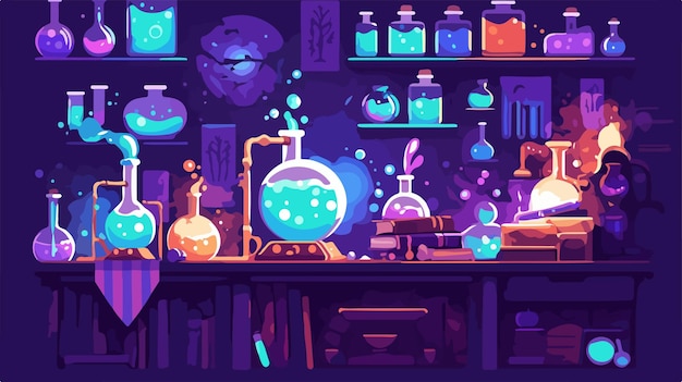 Vector fantasy wizards laboratory with bubbling potion