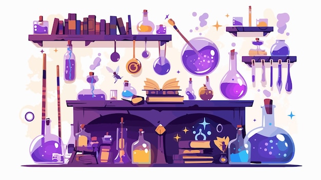 Vector fantasy wizards laboratory with bubbling potion