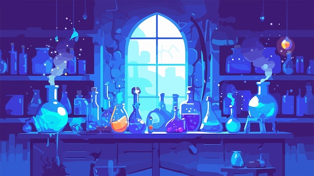 Vector fantasy wizards laboratory with bubbling potion