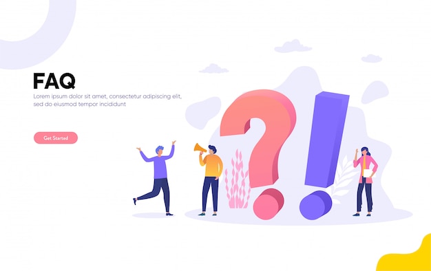 FAQ and QNA  ilustration , People Characters Standing next to Question Marks. Woman and Man  Online Support center. Flat  Illustration,  landing page, template, ui, web