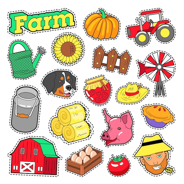 Farm Agricultural Elements Set with Farmer, Harvest and Animals for Stickers, Prints. Vector doodle