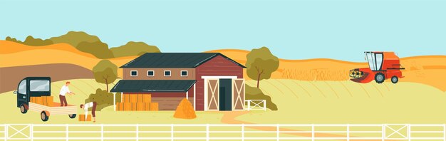 Vector farm agriculture landscape nature field men work unloading car countryside land design cartoon style vector illustration