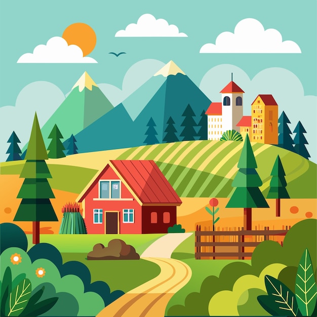 Farm agriculture rural landscape village house Vector horizontal illustration flat style 33