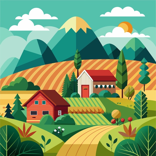 Farm agriculture rural landscape village house Vector horizontal illustration flat style 35