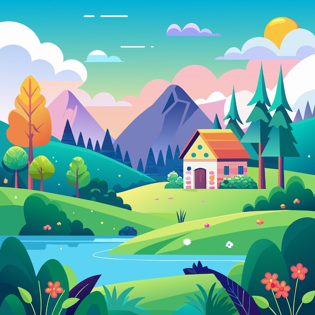 Farm agriculture rural landscape village house Vector horizontal illustration flat style 43