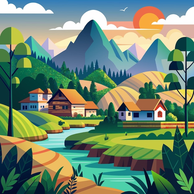 Farm agriculture rural landscape village house Vector horizontal illustration flat style 45