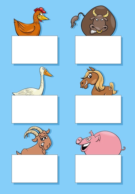 Farm animal characters with cards or banners design set