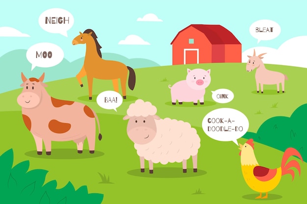 Farm animals background Cartoon funny domestic animals on meadow with speech bubbles and sounds farmyard cute inhabitants and warehouse Summer countryside landscape Vector concept rural scene