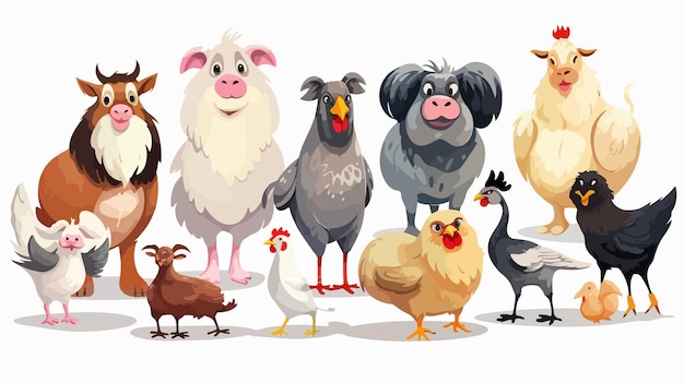 Vector farm animals cartoon characters groups isolated on white background