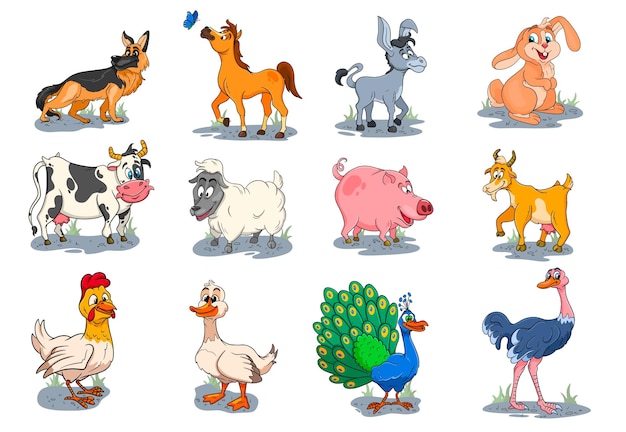 Farm animals characters big set of cartoon rural animals. Horse, pig, duck, chicken, hare, ostrich, cow, goat, peacock, donkey, sheep, dog. Children's illustration. For decoration and design.