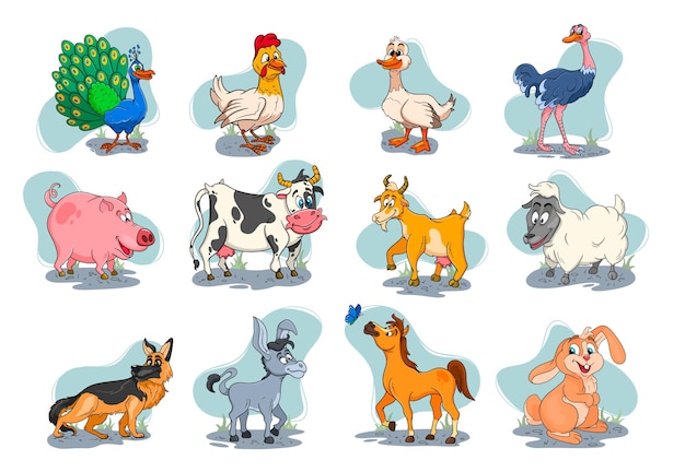 Farm animals characters big set of cartoon rural animals. Horse, pig, duck, chicken, hare, ostrich, cow, goat, peacock, donkey, sheep, dog. Children's illustration. For decoration and design.