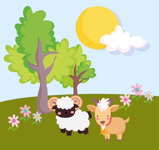 Farm animals goat ram flowers trees in the field cartoon