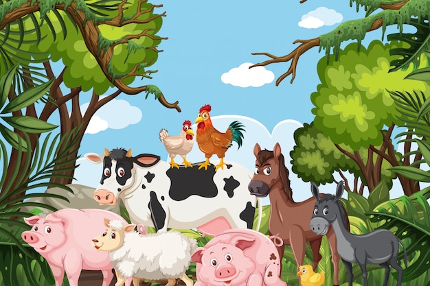 Farm animals in jungle scene