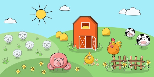 Farm animals pig cow hen chicken rooster sheep on a green field with barn and stack of hay