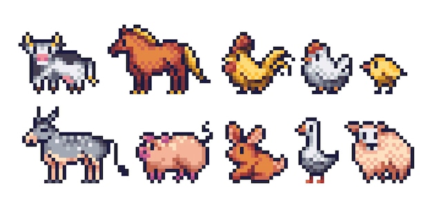 Farm animals pixel art icon set Domestic countryside pets logo collection