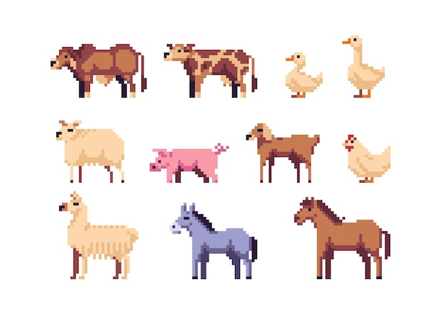 Farm Animals pixel art set. Sheep, cows and horse collection. Duck, chicken and goose. Llama and pig