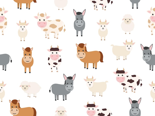 Farm animals seamless pattern Bull cow donkey horse sheep and goat flat character