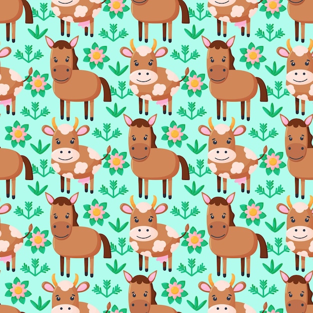 Farm animals seamless pattern. Collection of cartoon cute baby animals. Cow, horse.