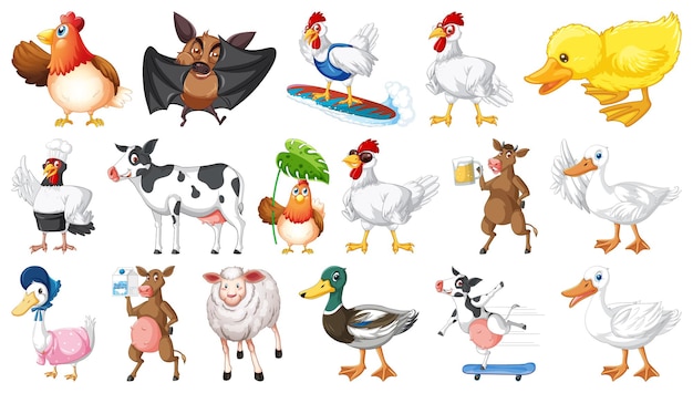 Farm animals set on white background