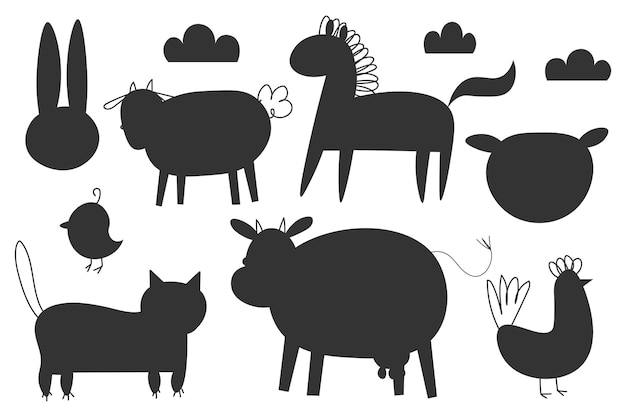 Farm animals silhouettes isolated on white background vector illustration Collection vectors of domestic cartoon animal Symbol of sheep rabbit hen pig cow horse farm breeding logo sign EPS