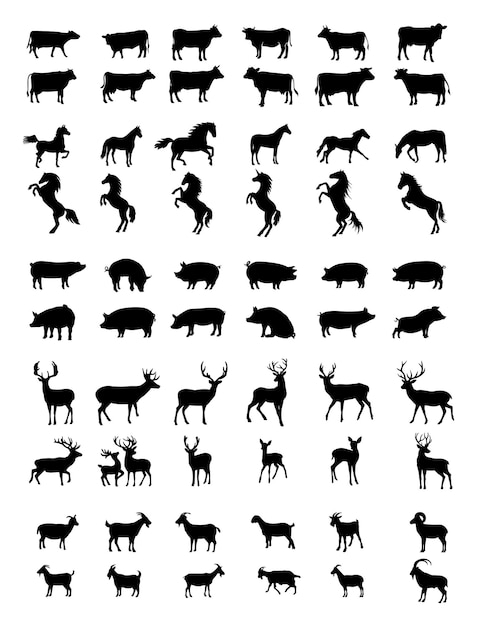 Farm Animals Silhouettes Isolated on White. Farm Animals Collection. Farm Animals icons set.