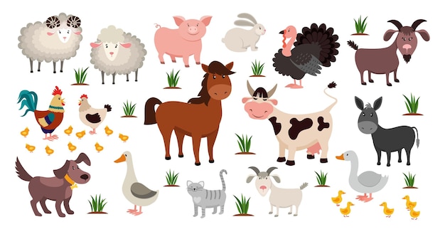 Farm animals Stock raising concept Cartoon sheep and goat horse or cow Domestic birds with cute chickens Funny pets and livestock Natural agriculture vector rustic colorful set