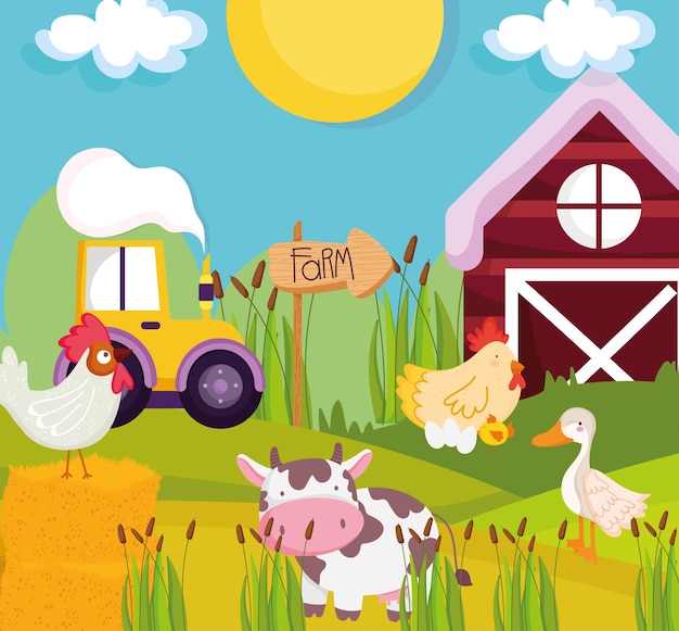 Farm animals and tractor