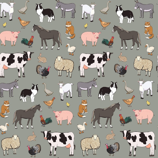 Farm animals vector seamless pattern