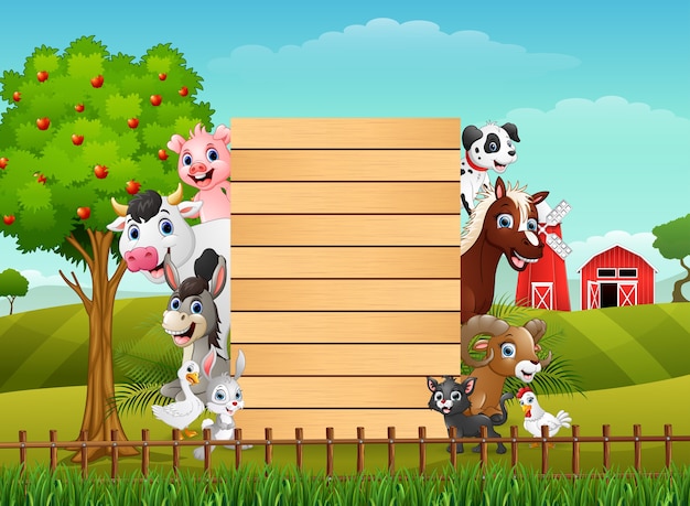 Farm animals with a blank sign wood