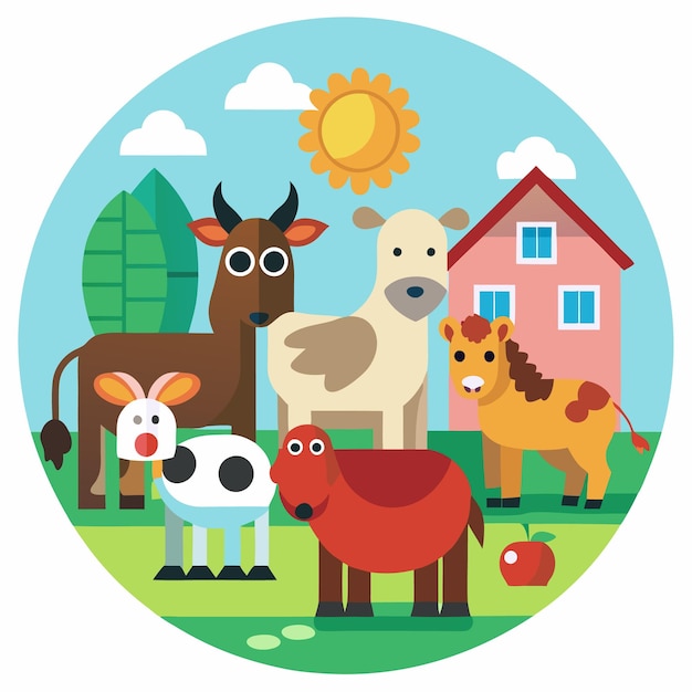 Farm animals with a red roof house in a sunny field