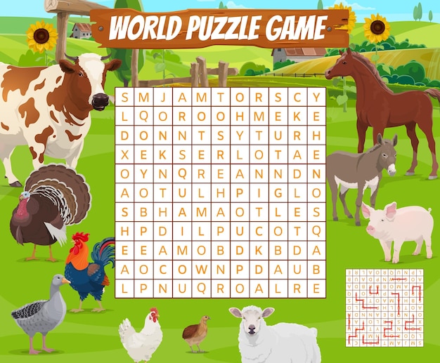 Farm animals on word search puzzle game worksheet