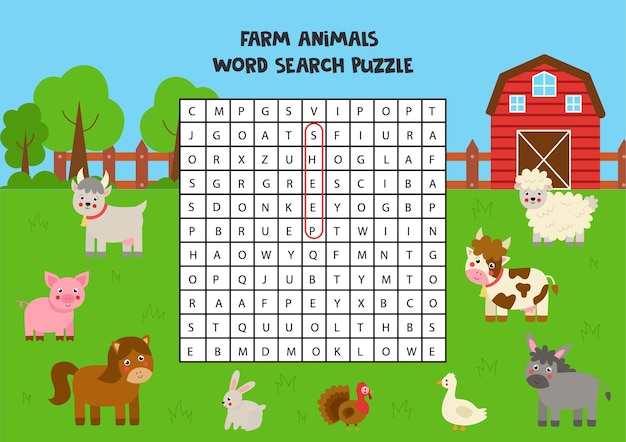 Farm animals word search puzzle for kids. Funny brain teaser for children.