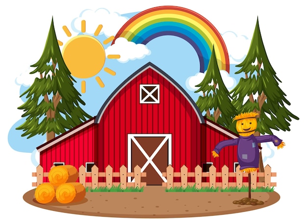 Farm barn with tree and rainbow