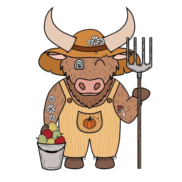 Farm bull with apples and ranch hat vector art