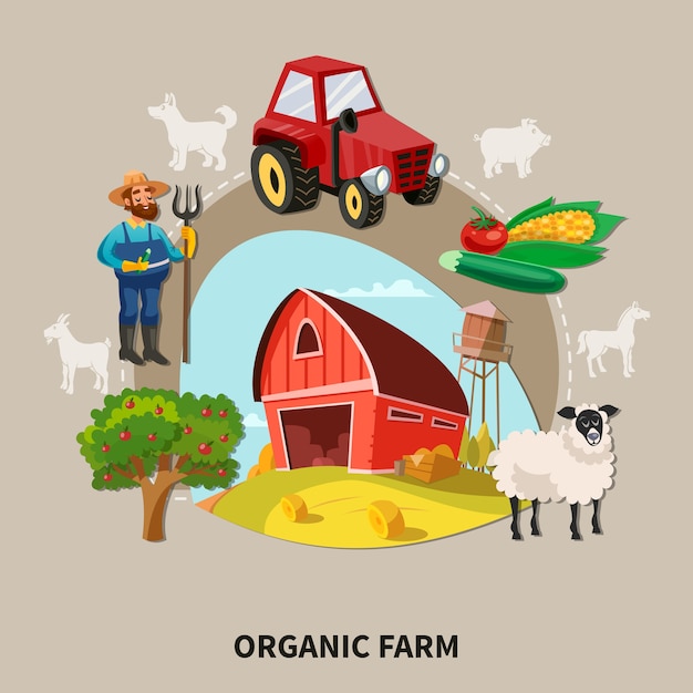 Farm cartoon composition organic farm headline with buildings elements and equipment K