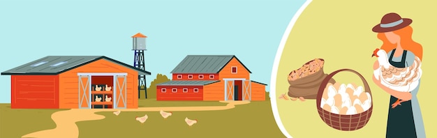 Farm chicken girl holding chicken basket eggs poultry farm buildings countryside design cartoon style vector illustration