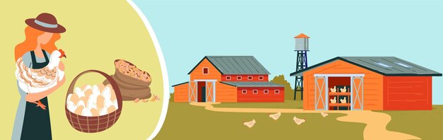 Vector farm chicken girl holding chicken basket eggs poultry farm buildings countryside design cartoon