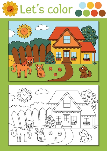 On the farm coloring page for children with rural country landscape Vector outline illustration with country house Color book for kids with colored example Drawing skills printable worksheetxA