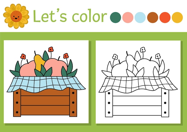 On the farm coloring page for children with wooden box with garden fruit Vector rural country outline illustration with harvest Color book for kids with colored example Drawing skills printablexA