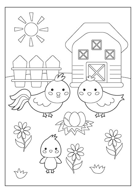 Farm coloring page with rooster hen and chick