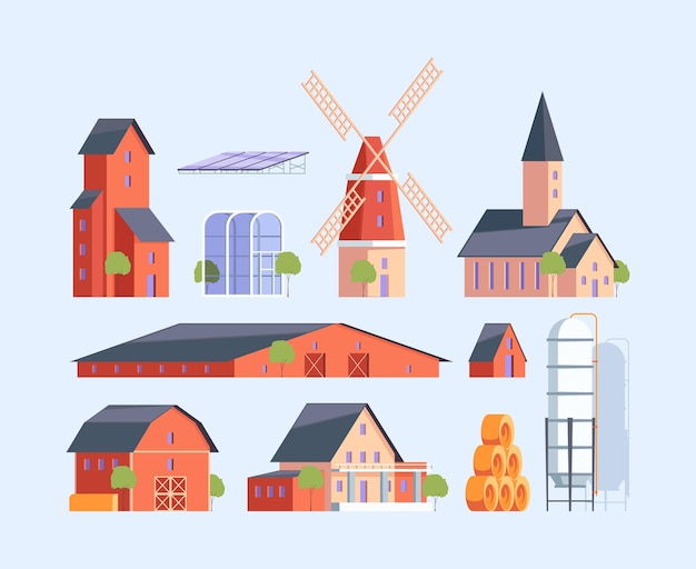 Vector farm constructions rural buildings village old buildings medieval agricultural illustrations in flat style garish vector collection