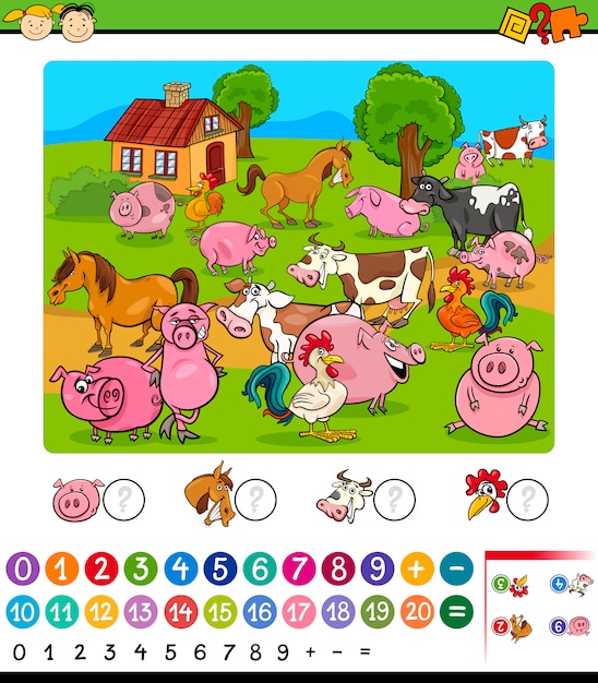 Farm counting game cartoon illustration