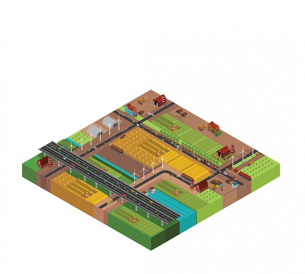 Farm countryside isometric design with urban traffic