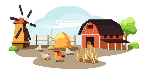 Farm in the countryside, rustic landscape, barn and mill, chickens and eggs.