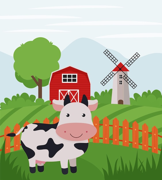 Farm cow on farmland Rural landscape Flat vector illustration of country side ranch