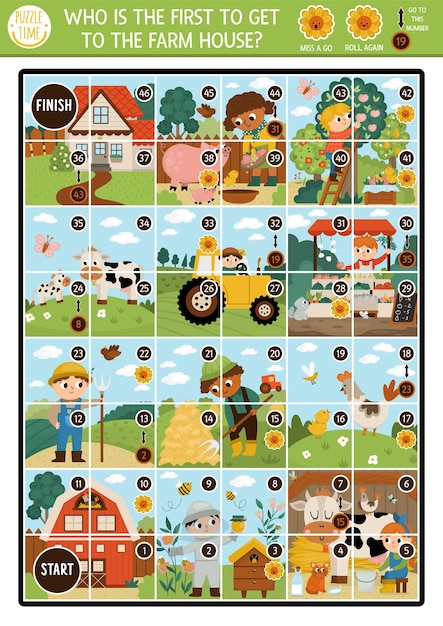 Farm dice board game for children with cute animals and kids farmers Boardgame with country scenes and square fields Rural printable activity or worksheet Who is the first to get to the farm housexA