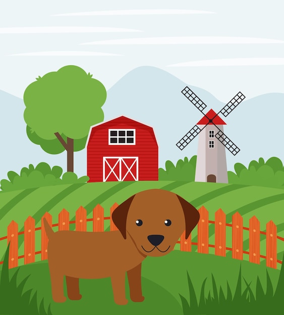 Farm dog on farmland Rural landscape Flat vector illustration of country side ranch