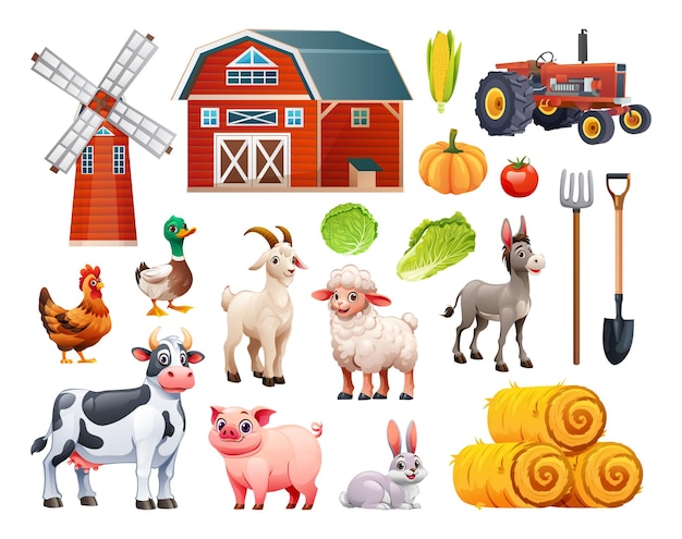 Vector farm elements including barn windmill tractor animals and crops vector cartoon illustration