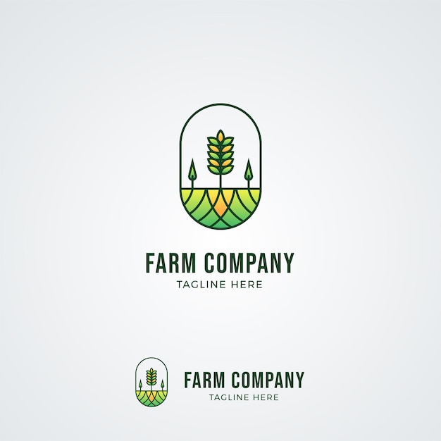 Farm and farming vector oval hand drawn label, emblem, logo design template. Isolated illustration of fields, farm landscape, sun. Concept for agriculture, harvesting, natural farm, organic products.